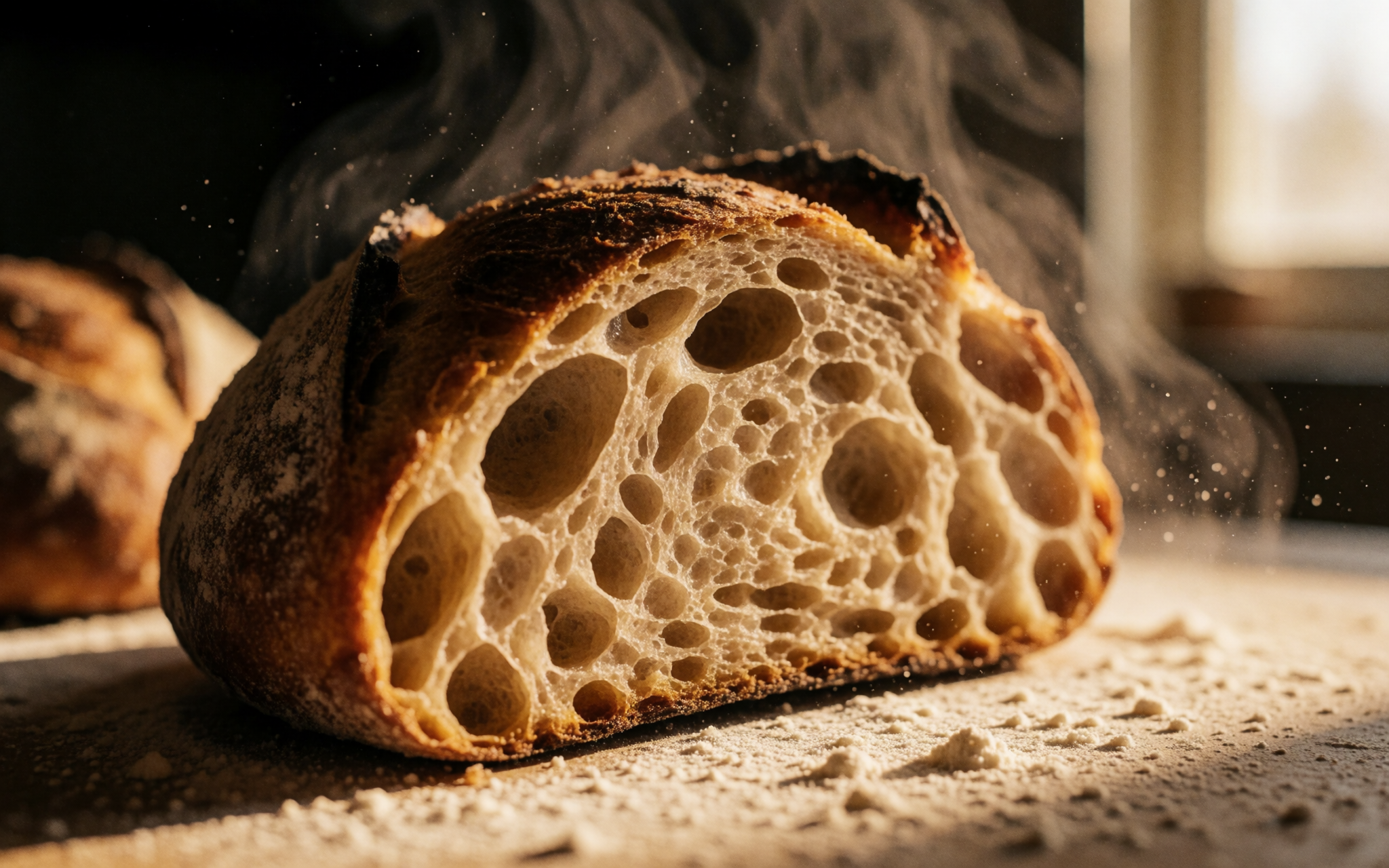 Macro open crumb, backlit gold — the airy interior of a well-proofed sourdough
