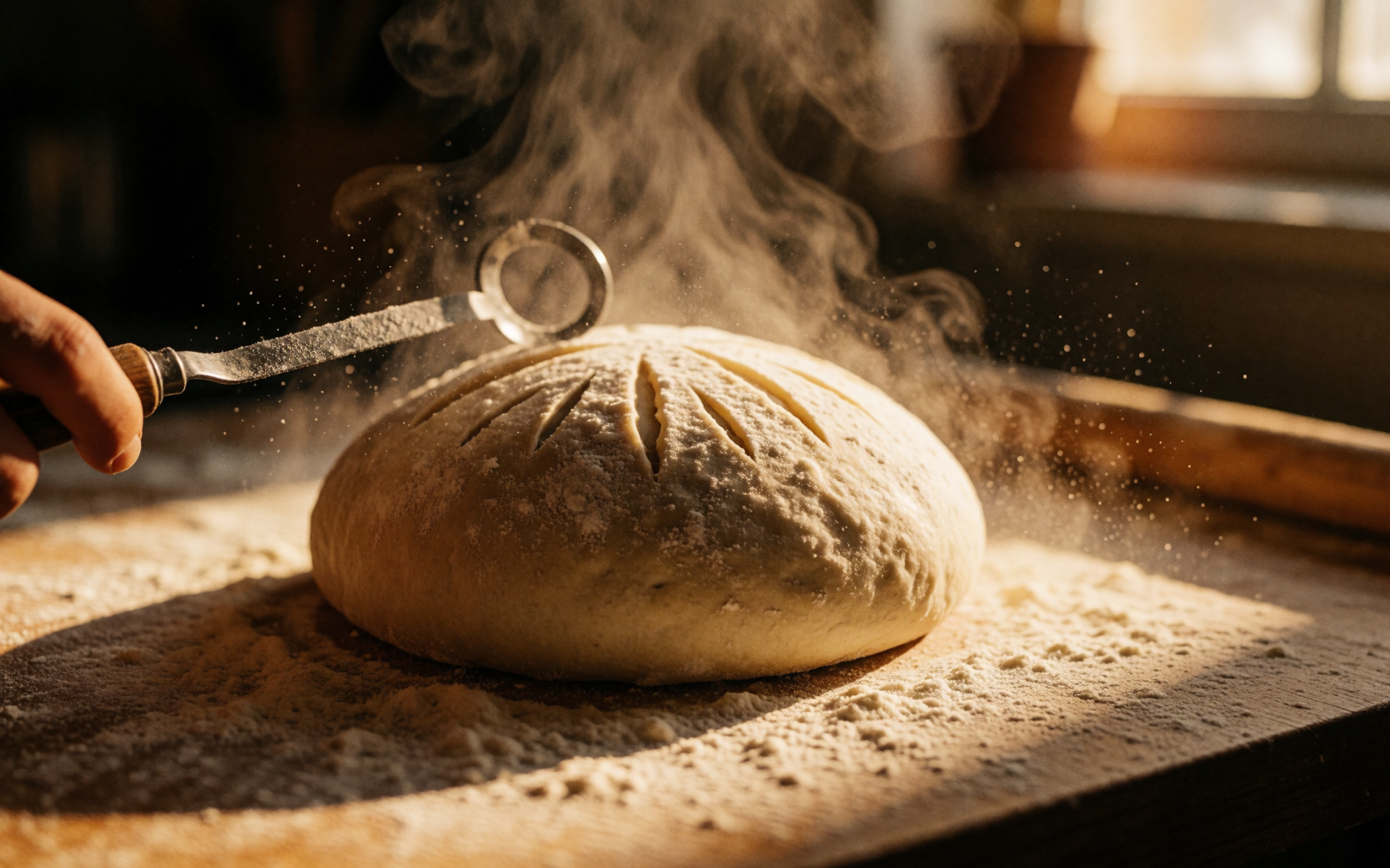 A lame blade poised over proofed dough, ready to score