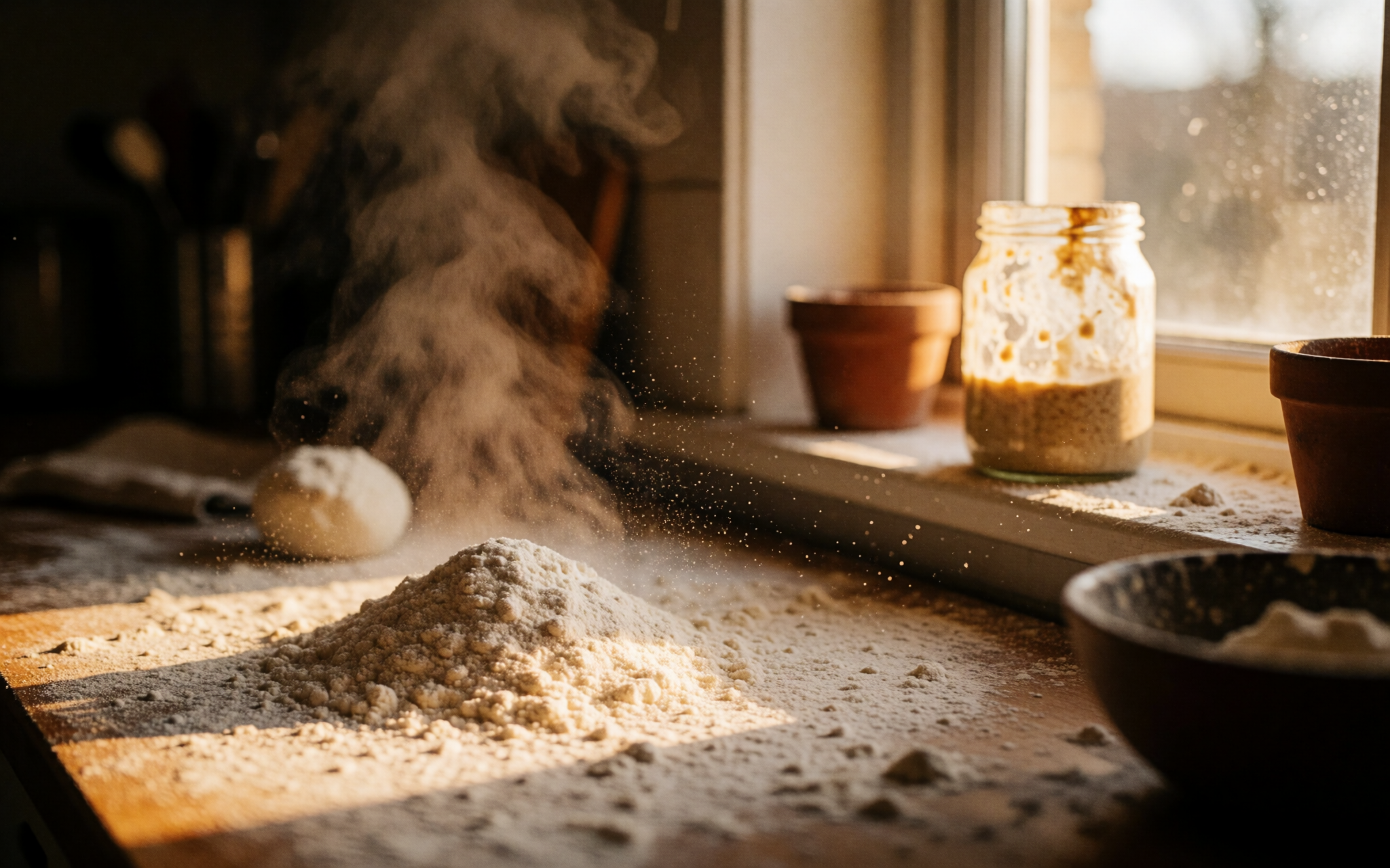 A bubbling sourdough starter in a glass jar, alive and active